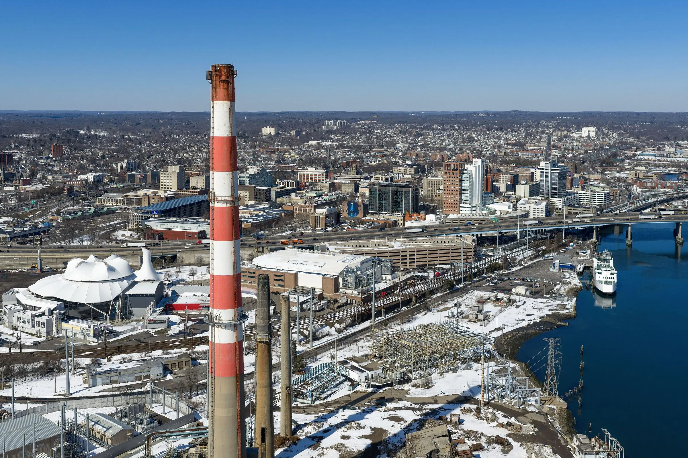 Aerial view of downtown Bridgeport and its harbor in winter