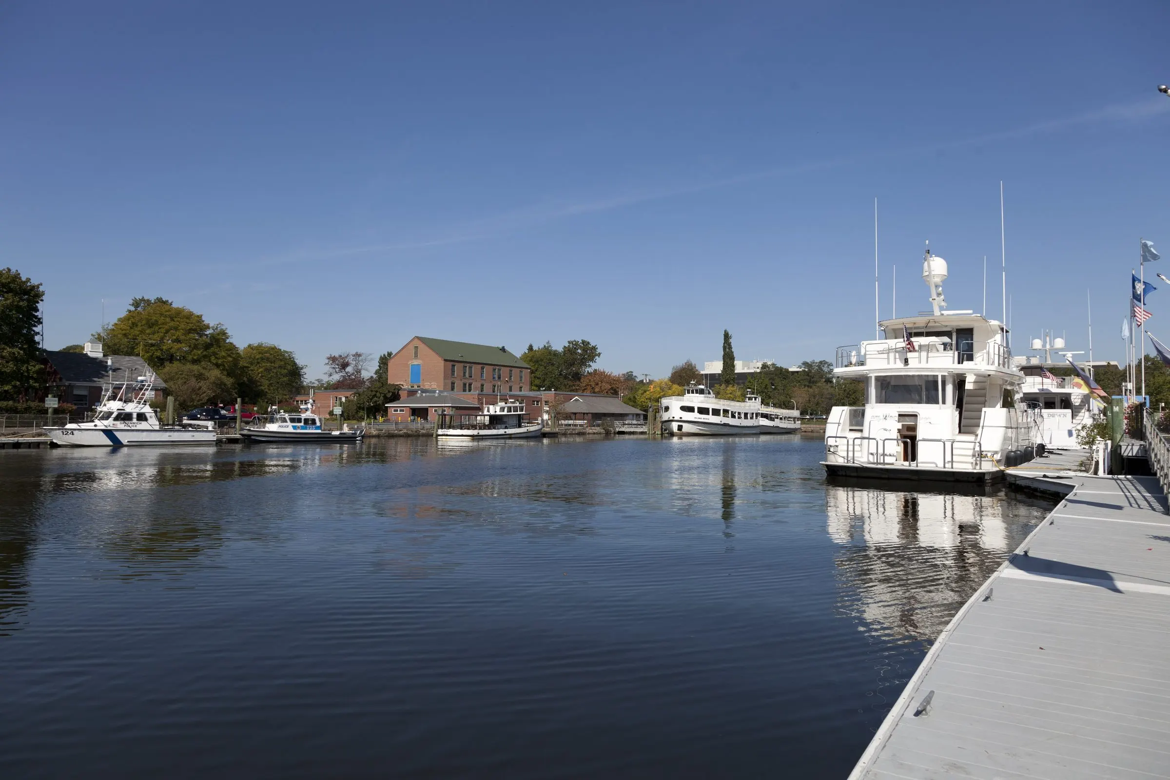 Boats moored at the head of Greenwich Harbor