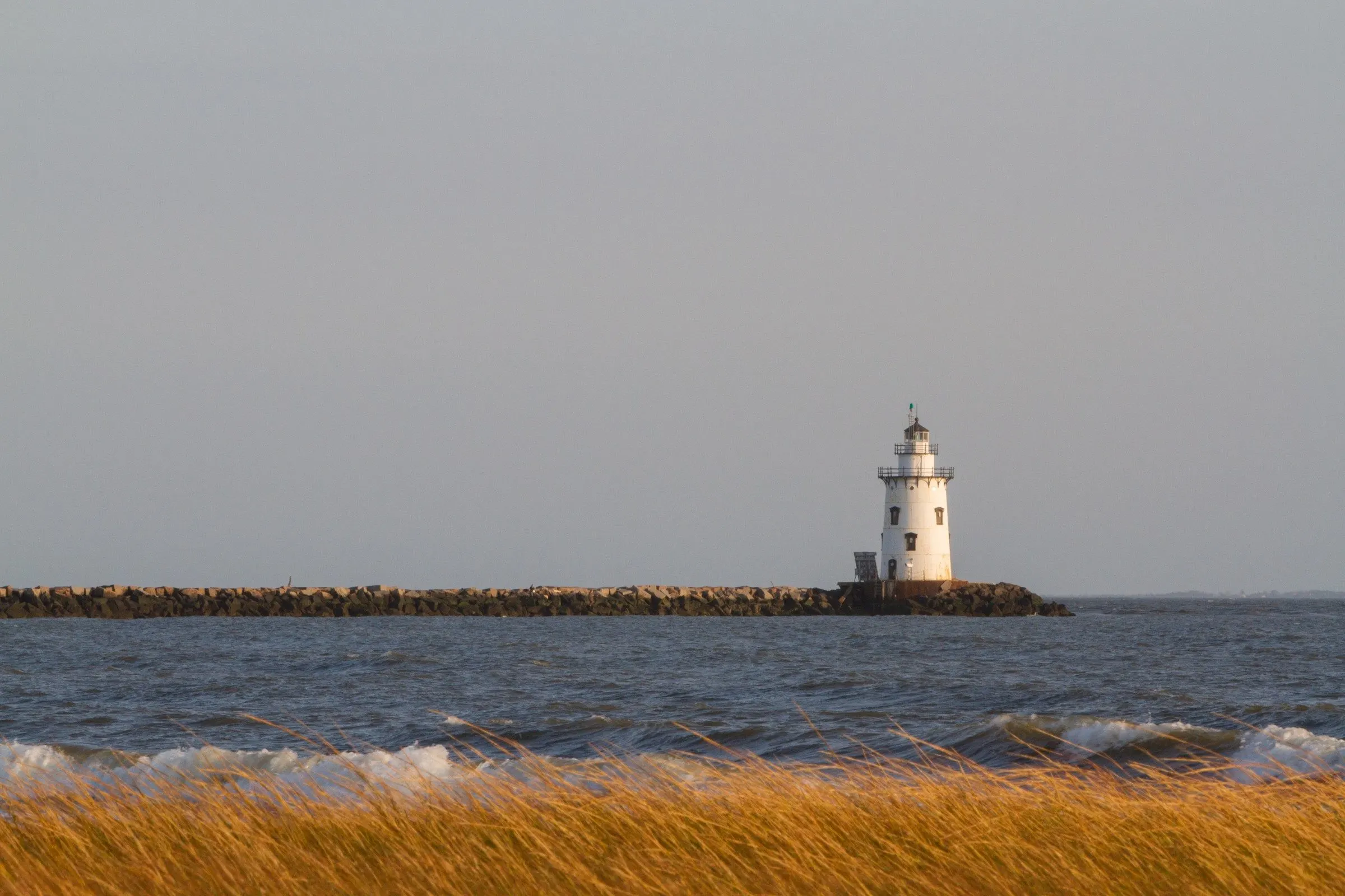 Saybrook Breakwater Light at the end of its stone jetty, seen across the water from golden beach grass